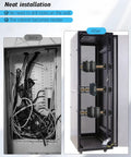 Before and after of Rack Ready 19 Inch Rack Mount DIN Rail Kit installation showing organized and tidy server cabinet setup.