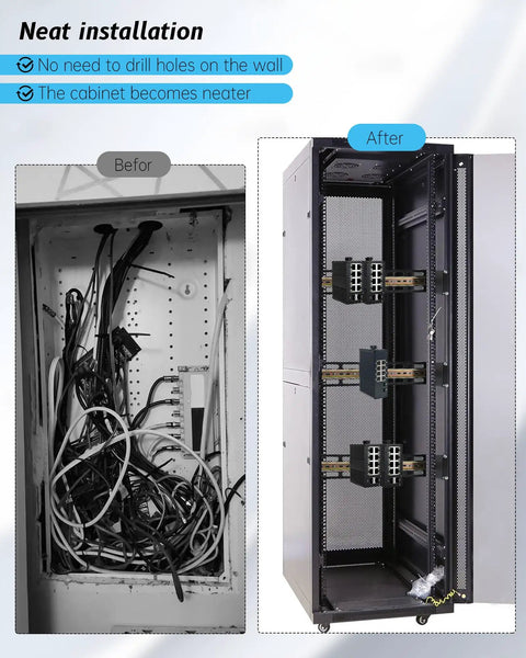 Before and after of Rack Ready 19 Inch Rack Mount DIN Rail Kit installation showing organized and tidy server cabinet setup.