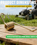 330105 Replacement Spring 3 Pack for 330100 Universal Power Rake Dethatcher shown with dimensions and lawnmower in background