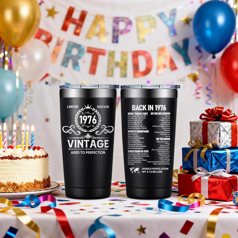 Born In 1976 Vintage 20 Oz Insulated Tumbler featuring black design, birthday cake, and festive decorations for a 50th party.