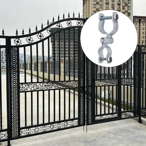 Two Pack Chain Link Fence Gate Hinge Set With Galvanized Steel Clamp On Hardware For Two And Three Eighths Inch Posts And One And Three Eighths Inch Frames Yard Gate Repair Kit Anti Slip Wraparound Tubing Clamp For Smooth Sag-Free Swing on black metal gate with inset of hinge