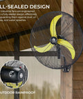 20 Inch Outdoor Quiet Remote Control Oscillating Wall Mount Fan With All Sealed BLDC Motor mounted on patio wall