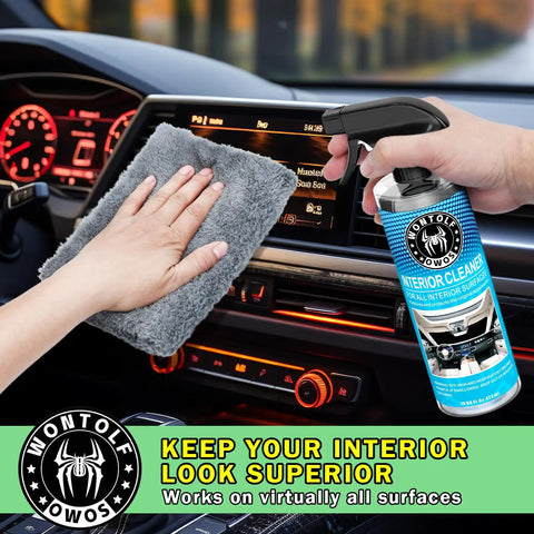 Complete All In One Car Wash And Detailing Kit with Interior Cleaner being used on car dashboard with gray microfiber towel