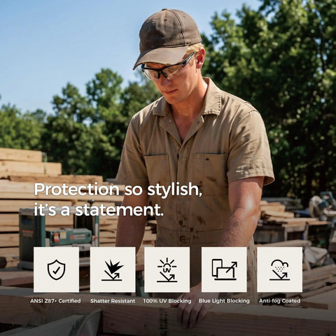Man wearing Ultra Lightweight Anti Fog Safety Glasses With Clear Shields ANSI Z87 Plus Certified while working outdoors.
