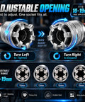Premium Universal Socket Wrench Set Four Piece Adjustable Multi Jaw Tool shows adjustable opening fitting 10-19mm sizes.