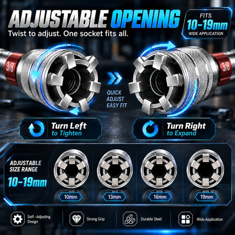 2 Pack Self Adjusting Socket Wrench Set showing adjustable opening mechanism and size range from 10mm to 19mm.