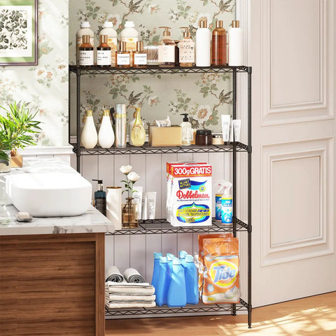 Built Like A Tank 4 Tier Wire Shelving Rack Crushing Clutter With Adjustable Spacing Storage Organizer For Garage And Kitchen Pantry 800 Lb Capacity 35 By 13 By 53 Inches Black Metal Shelf holding bottles and towels in a stylish bathroom.