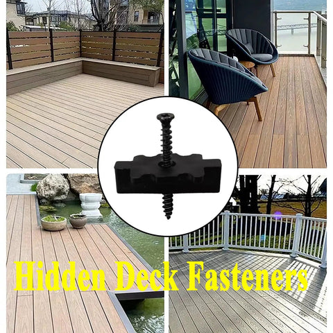 500 Pack Rock Solid Hidden Deck Fasteners For Composite Board With Stainless Steel Screws And Universal Nylon Hideaway Clips displayed on a sleek deck.