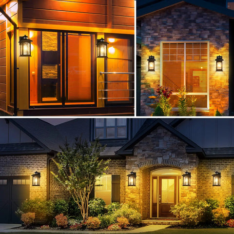 Two Pack Motion Sensor Outdoor Lights With Dusk To Dawn, Auto Modes, Retro Black Waterproof Exterior Lantern Wall Mounts For Garage, displayed on porches at night.