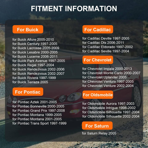 Fitment information for GM vehicles including Buick, Cadillac, Chevrolet, Oldsmobile, Pontiac, and Saturn models from 1997 to 2011.