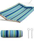 10.5Ft Double Hammock With Curved Spreader Bars For Two People, Heavy Duty Outdoor Hammock With Detachable Pillow, Blue Green Color