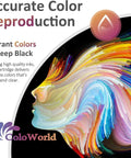 Abstract colorful swirl representing vibrant ink reproduction by ColoWorld, text highlighting accurate color and deep black quality.