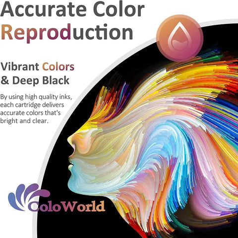 Abstract colorful swirl representing vibrant ink reproduction by ColoWorld, text highlighting accurate color and deep black quality.