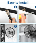 Installation steps for 18 Inch Metal Wall Mounted Fan With 4200 CFM High Velocity Power showing tools and fans mounted in warehouse.