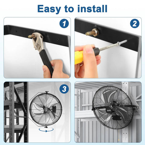 Installation steps for 18 Inch Metal Wall Mounted Fan With 4200 CFM High Velocity Power showing tools and fans mounted in warehouse.