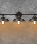 Industrial Rustic 3 Light Vanity Wall Sconce In Dark Bronze With Vintage Gold Trim For Bathroom Mirror Cabinet Dressing Table And Bedroom Lighting For Bath And Home Decor with lit bulbs