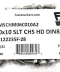 Snag These Rock Solid M6 X 10 Millimeter Stainless Steel Slotted Cheese Head Machine Screws Meeting Din 84 Specs With A2-70 Grade Quality inside 25 pack label with screws.