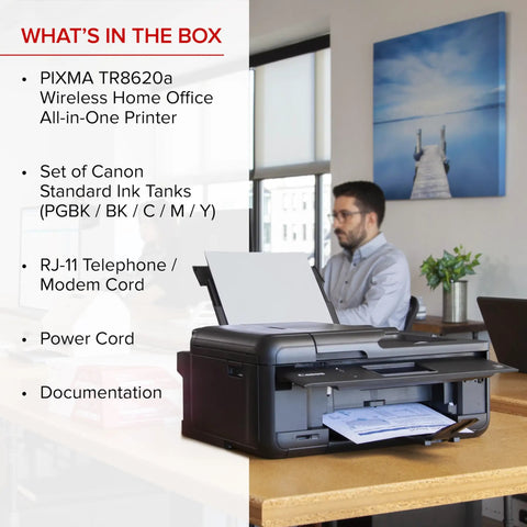 PIXMA TR8620a All In One Printer For Home Office With Copy, Scan, Fax, Auto Document Feeder on desk with accessories