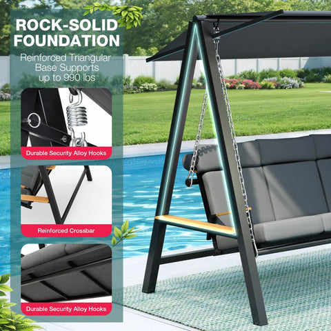 Three To Four Seat Porch Swing With Stand For Backyard Lounging, 990 Lbs Heavy Duty Outdoor Swing For Adults showcasing sturdy alloy hooks.
