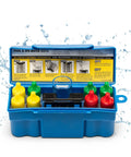 K-1004 DPD 6-In-1 Pool Test Kit Checks Free Chlorine Total Bromine pH And Acid Demand Fast Results In Tote with testing steps shown.