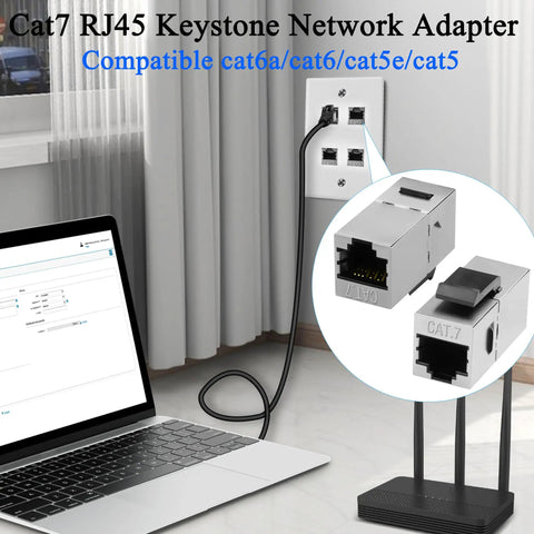 Top Shelf Cat7 RJ45 Keystone Coupler Jack With Gold Contacts And Metal Shield, used with laptop and network setup.