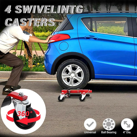 Heavy Duty Wheel Dolly Jack Set with Hydraulic Tire Lift and Aluminum Twin Rollers Foot Pump Action for Rock Solid Garage Shifts Tough as Nails 1500 Pound Capacity with 4 swivel casters for easy movement.
