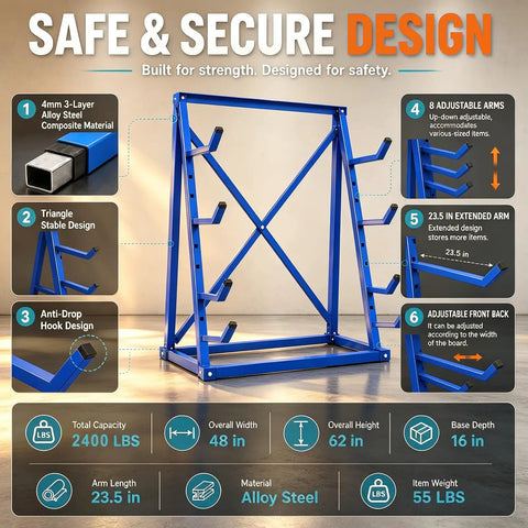 Workhorse Heavy Duty Lumber Storage Rack With Adjustable Arms And Beefy Alloy Steel Build For Stashing Pipes And Rebar Up To 2400 Pounds Without Breaking A Sweat, showcasing features and dimensions.