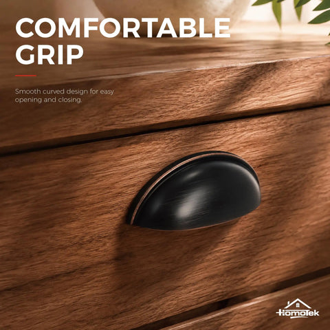 Slick Oil Rubbed Bronze Cup Pulls For Kitchen Cabinets And Drawers 3 Inch Hole Centers 15 Pack visible on wooden drawer.