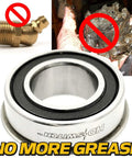 Complete Heavy Duty Steering Spindle Repair Kit With Reinforced Steel Shielded Ball Bearings And No Sweat Bushing To Bearing Conversion Hardware For Big Iron showing a bearing, grease filter, and no grease sign.