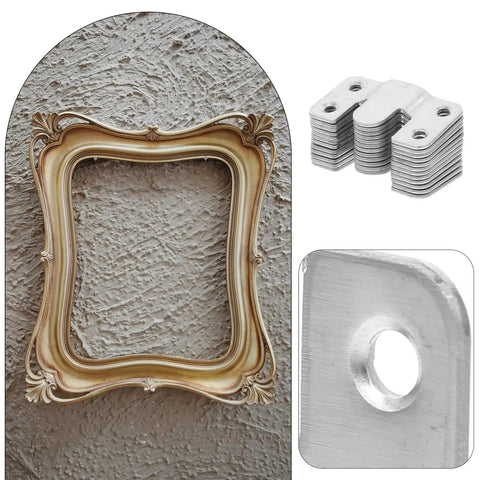Six Pair Heavy Duty Picture Frame Hangers Stainless Steel Mirror Wall Mount Brackets set with ornate frame and clips.