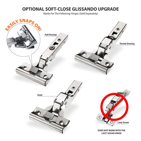 Smooth Operator Snap On Cabinet Hinge Damper Adapter For T Type Glissando Systems showing various hinge types and installation details.