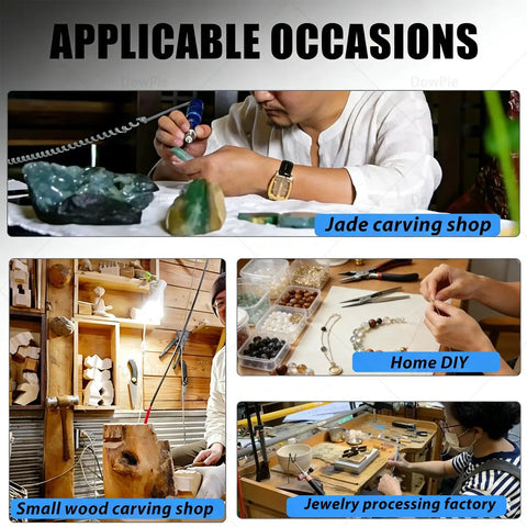 Kick Ass Heavy Duty Flex Shaft Polishing Machine For Jewelry Drilling Jade Carving Wood Crafts Metal Grinding And Fine Detail Work With Premium Aluminum Extension Tube in various crafting settings.