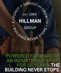 Person holding tool with "Hillman Group" text and slogan about service and growth for 56 years in white and green font.