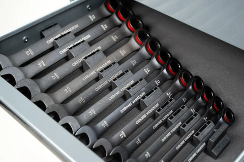 Basics Wrench Organizer Kit With 16 Rubber Holders For Tool Drawer neatly holding wrenches in a toolbox with modular setup