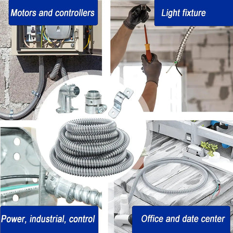 Half Inch Flexible Steel Electrical Conduit Kit With Five Couplings Three Elbows And Ten Straps 50 Foot Length For DIY Wiring Projects Rugged Indoor Outdoor Home Improvement