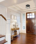 Three Light Rustic Modern Flush Mount Ceiling Light In Dark Bronze With Brass Details And Clear Glass Shade E26 Base
