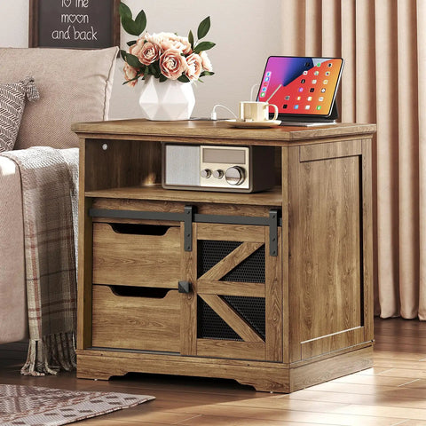 Top Shelf Farmhouse End Table With Built In Charging Station And Two Deep Storage Drawers Set Of Two Rock Solid Wood Accent Side Tables Featuring USB Ports And Tidy Cable Routing with flowers and tablet.