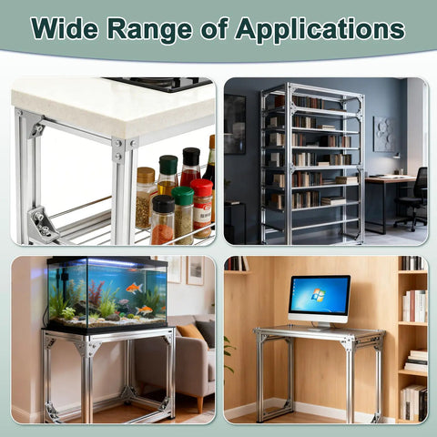 Pro Level 4040 Series Aluminum Extrusion Profile Connector Kit showcasing various applications like shelving and workstation setups.