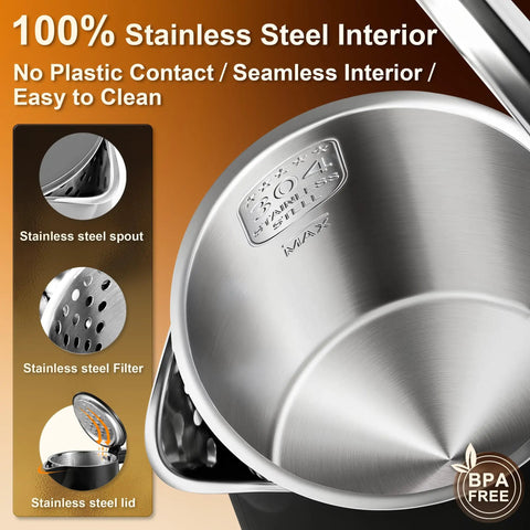 Interior of Compact 0.8L Travel Electric Kettle With Double Wall 304 Stainless Steel Auto Shut Off Portable Kettle For Business Trips And Dorm Rooms Fast Boil For Coffee Or Tea On The Go