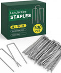 Box of 100 Pack 4 Inches Galvanized Landscape Staples For Barrier Fabric Lawn Stakes U Type Heavy Duty Tough As Nails Garden Pins Reusable Outdoor Stakes For Landscaping Projects That Last Long with scattered metal staples.
