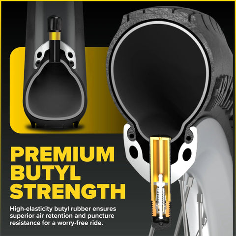 Cutaway view of 26-inch bike inner tube showing butyl rubber with Schrader valve for mountain cruiser city and kids bikes.