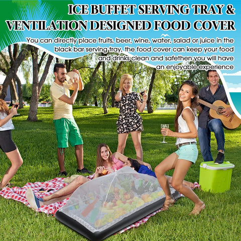 Inflatable Serving Bar Buffet Set For Outdoor Parties Includes Two Inflatable Serving Bars Two Mesh Food Covers And One Inflator Ideal For Cold Food Display On Picnics Pool Parties Backyard BBQs in use at outdoor gathering.