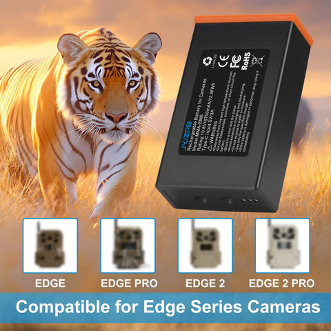 Beast Mode 6700mAh Rechargeable Power Pack For Moultrie Edge 2 Cellular Trail Camera showing battery and wildlife background.