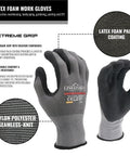 12 Pack Safety Performance Series Work Gloves For Construction And Mechanics Heavy Duty With Breathable Flex Superior Dexterity Knit Wrist Keeps Dirt Out Grey Size Large Durable Grip For Tools And Hand Protection. Two gloves with text highlighting features.