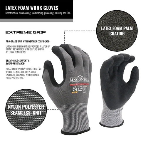 12 Pack Safety Performance Series Work Gloves For Construction And Mechanics Heavy Duty With Breathable Flex Superior Dexterity Knit Wrist Keeps Dirt Out Grey Size Large Durable Grip For Tools And Hand Protection. Two gloves with text highlighting features.