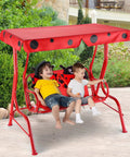 Two Seat Porch Swing With Adjustable Canopy And Stand, Kid Friendly Outdoor Swing Bench, red metal frame, safety belts, garden setting