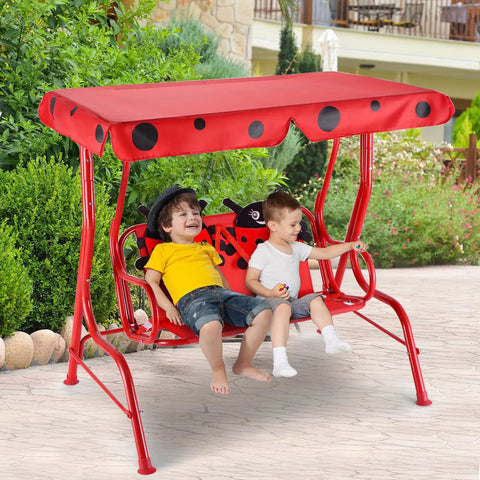 Two Seat Porch Swing With Adjustable Canopy And Stand, Kid Friendly Outdoor Swing Bench, red metal frame, safety belts, garden setting