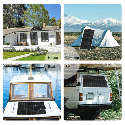 10 Pack Flexible Monocrystalline Solar Panels 100 Watts Each mounted on a house, RV, tent, and boat for off-grid power.