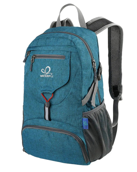 Blue ultra lightweight 20L packable daypack for travel, hiking and camping, foldable and compact, recycled nylon build