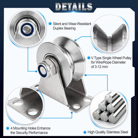 Stainless Steel V Groove Pulley Wheel 2 Pack Tough As Nails Cable Roller 1.89 Inch close-up showing duplex bearing and mounting holes.